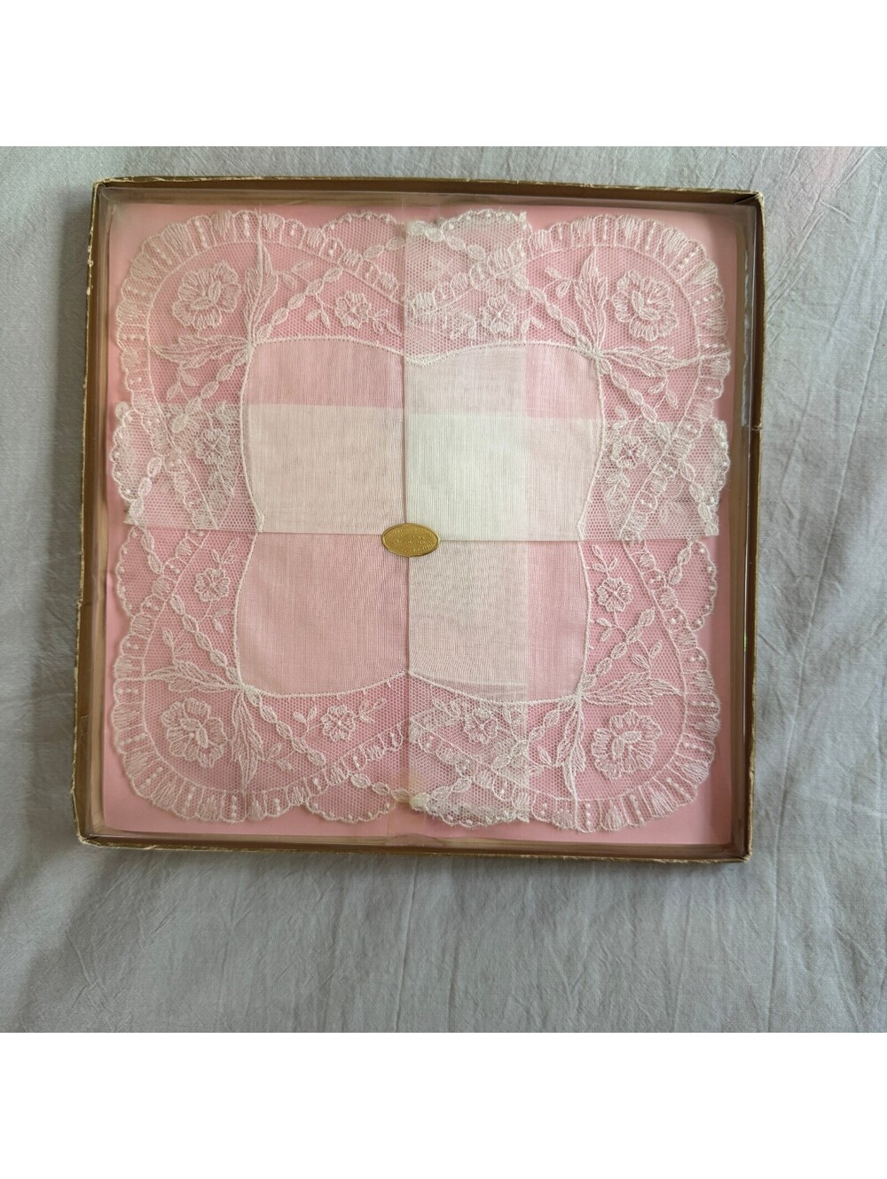 Vintage Cotton Lace Handkerchief Pink White Decoration Made in Australia